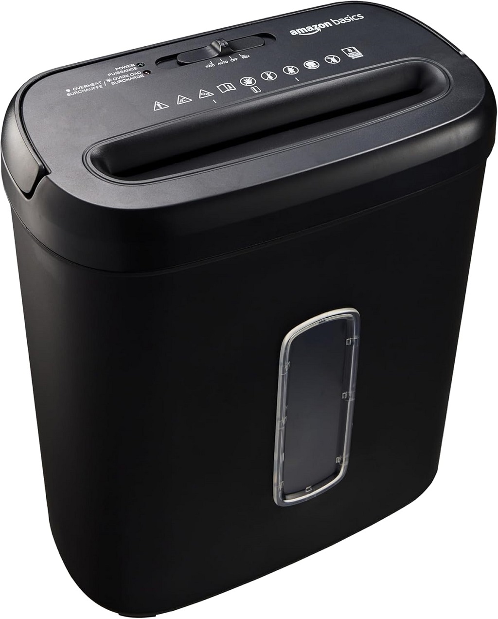 Amazon Basics 8-Sheet Cross Cut Paper and Credit Card Shredder in black, featuring a compact rectangular design with a top-loading slot for shredding documents and credit cards