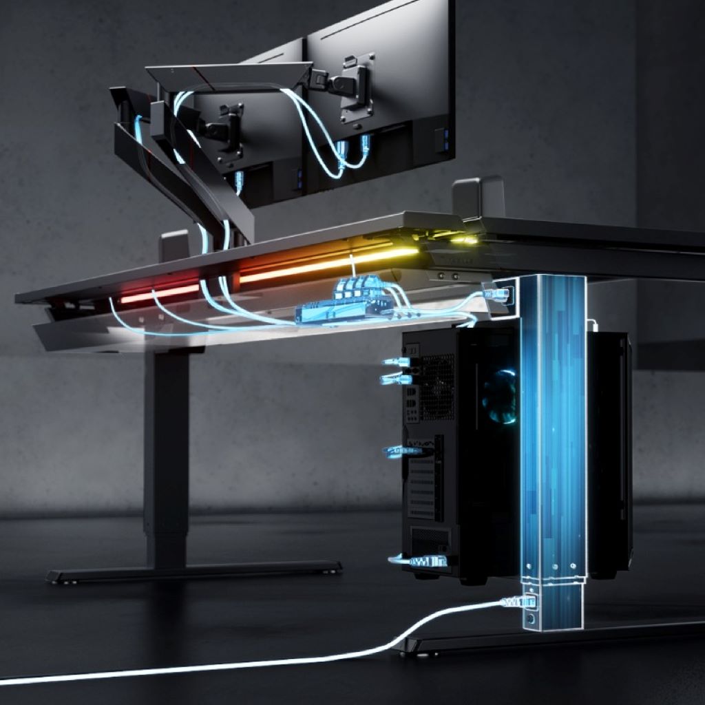 A close-up shot of a magnetic cable management channel on a Secretlab MAGNUS desk, with several cables neatly tucked away