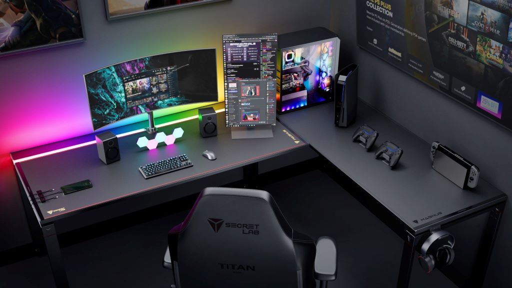A sleek, modern gaming desk with RGB lighting, a dual monitor setup, and clean, organized cable management, showcasing a perfect gamer's battle station