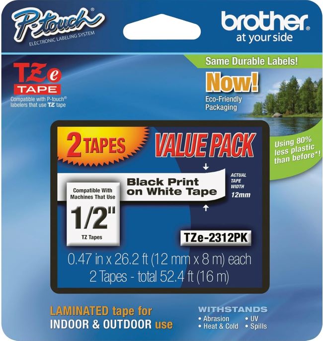 Brother TZe-231 label tape showing black text on white background for durable labeling