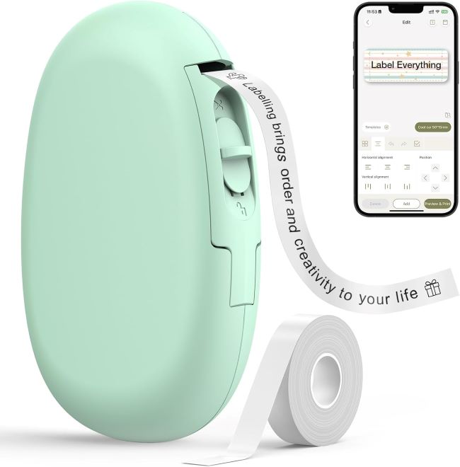 SUPVAN E10 Bluetooth label maker showing waterproof continuous label tape