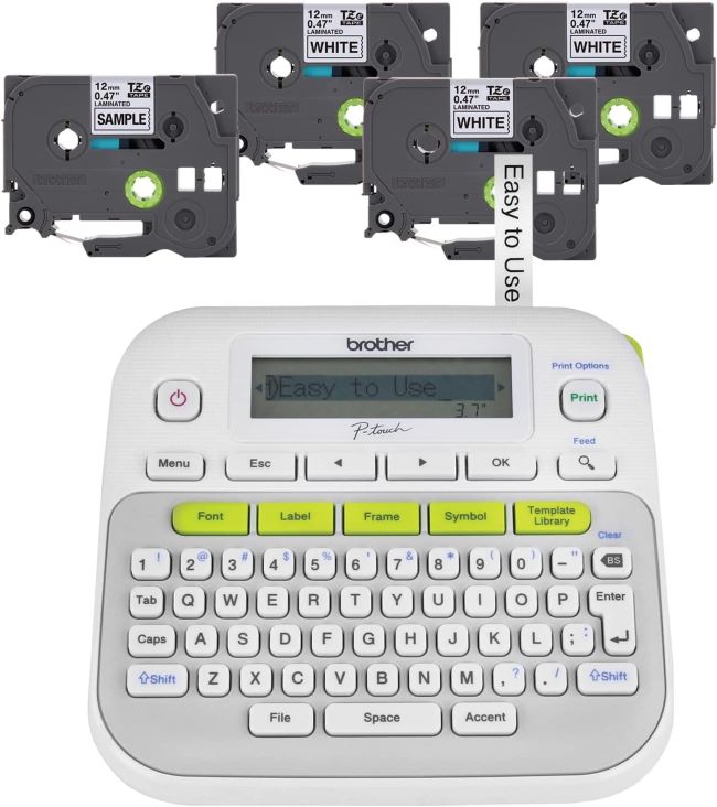 Brother P-Touch PTD210 label maker bundle, portable, white, 4 tapes included for home and office use