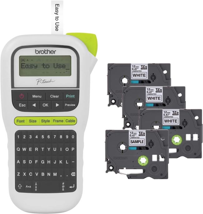 Brother P-Touch PTH110BP portable label maker bundle, white, 4 tapes included for simple labeling tasks