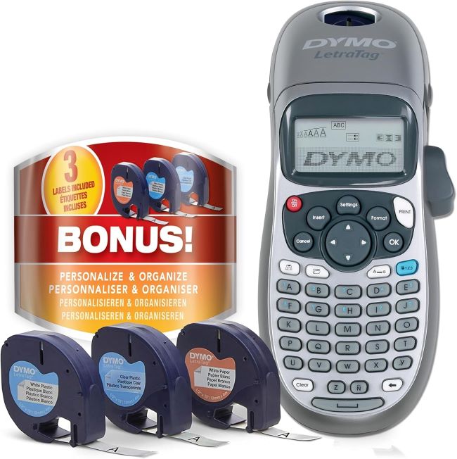 DYMO LetraTag 100H handheld label maker with 3 LT tapes, ideal for home and office organization