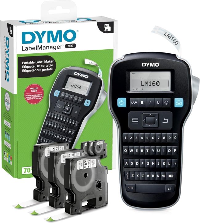 DYMO LabelManager 160 portable label maker with QWERTY keyboard, large display, 3 D1 tapes, easy home & office labeling