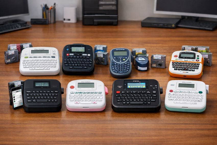 Comparison of 8 affordable label makers 2026 for home and office organization, including Brother, DYMO, and SUPVAN models