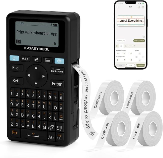 SUPVAN E11 Bluetooth label maker, portable with 4 tapes, 30+ fonts, 660+ icons, rechargeable for home, office, school