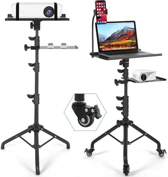 Tossbiss Laptop Tripod on Wheels with 2 Shelves Portable Projector Floor Stand Adjustable Height 25.9 to 51.8 Inch