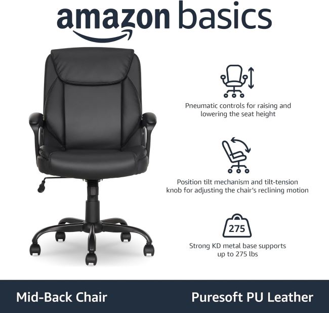 Amazon Basics mid-back PU padded office desk chair with armrests, sturdy metal base, wheels, supports 275lb, black