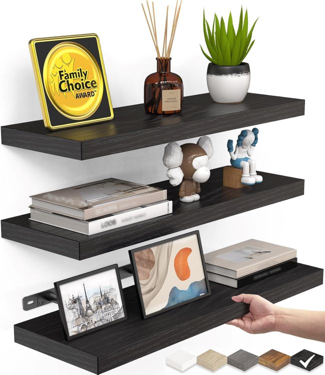 BAYKA floating wall shelves, rustic black wood set of 3, 15.7in, ideal for bathroom, bedroom, kitchen, and living room storage
