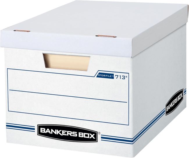 Bankers Box 12-pack standard duty file storage boxes with removable lids, suitable for letter and legal documents