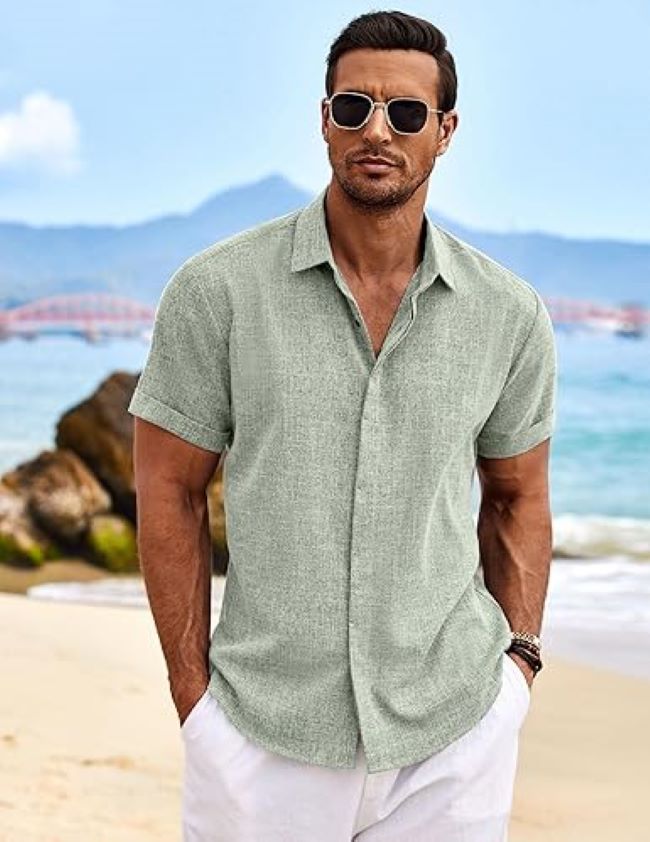 COOFANDY Men’s Linen Short Sleeve Button-Down Shirt breathable casual beach and summer wedding shirt.