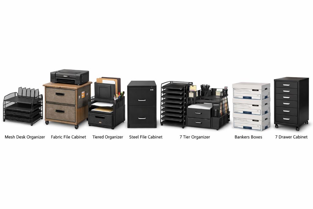 Collection of affordable desk and filing organizers for home and office, including trays, drawers, and mobile cabinets