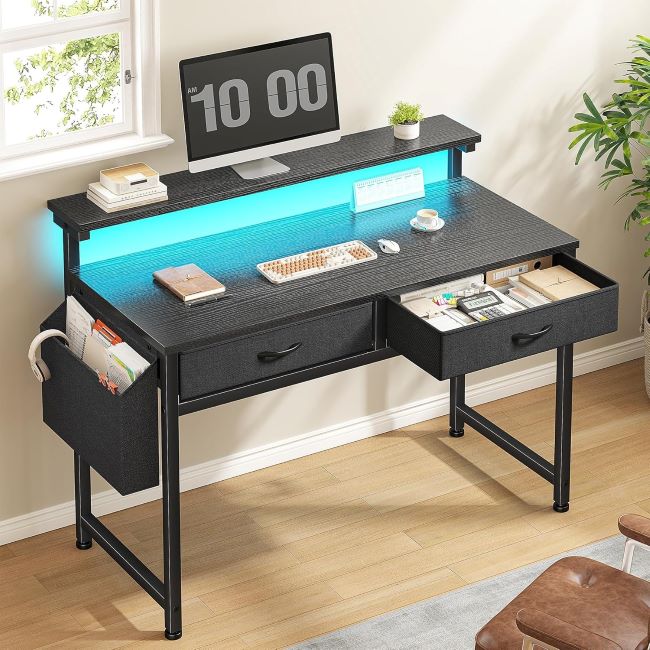 DurayLoly 31.5-inch gaming desk with LED lights, 2 fabric drawers, monitor stand, and side pocket for small spaces