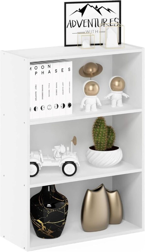 Furinno PASIR 3-tier bookshelf, white storage shelves for books and home office organization, 9.7 x 23.7 x 31.5 inches