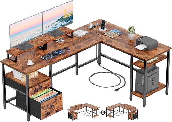 Furologee 66-inch L-shaped desk with power outlet, file drawer, dual monitor stands, and storage shelves, rustic brown
