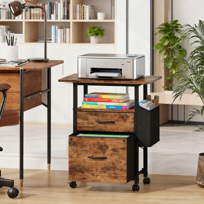 GYIIYUO 2-drawer mobile file cabinet with extended desktop, fabric drawers, side bag, and printer stand, light brown
