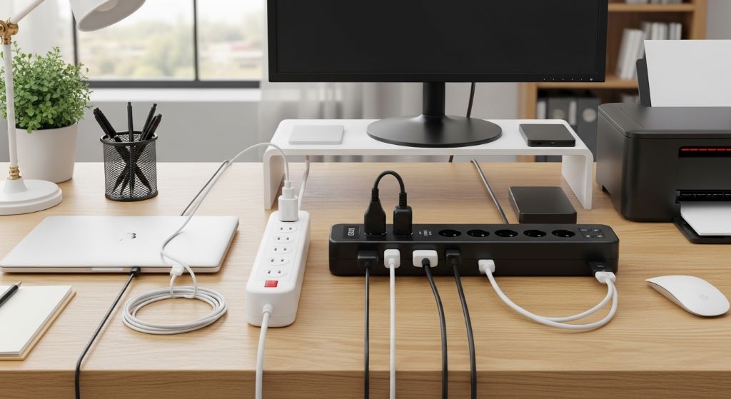 Power strip and surge protector side by side on a home office desk with multiple devices plugged in