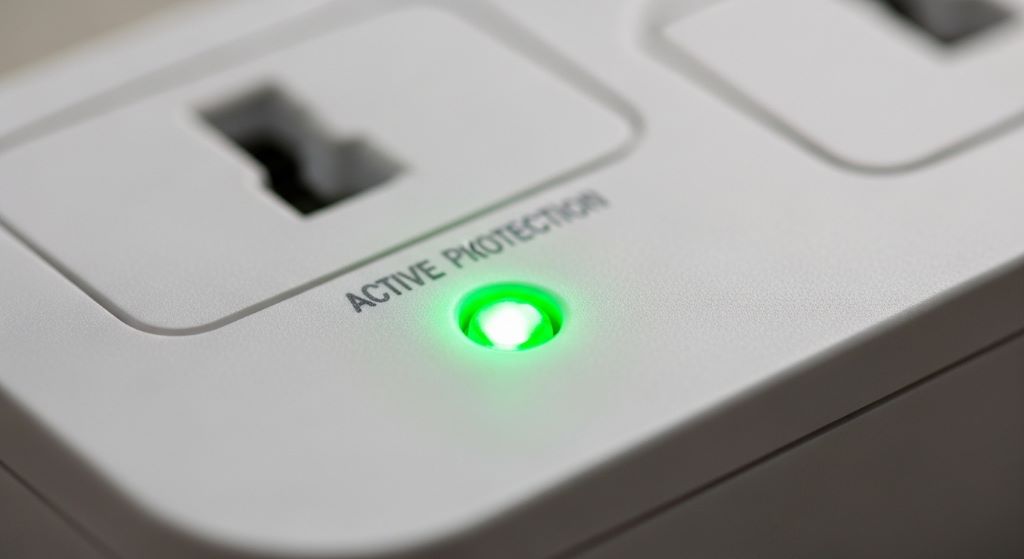 Close-up of a surge protector indicator light showing active protection status on a white power bar