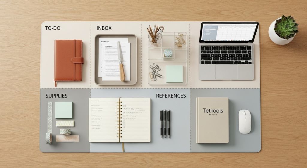 Organized desk with custom stationery items arranged in labeled zones for productivity