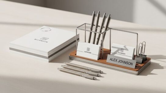 Personalized office stationery set with notepads, pens, and desk organizers on a clean workspace