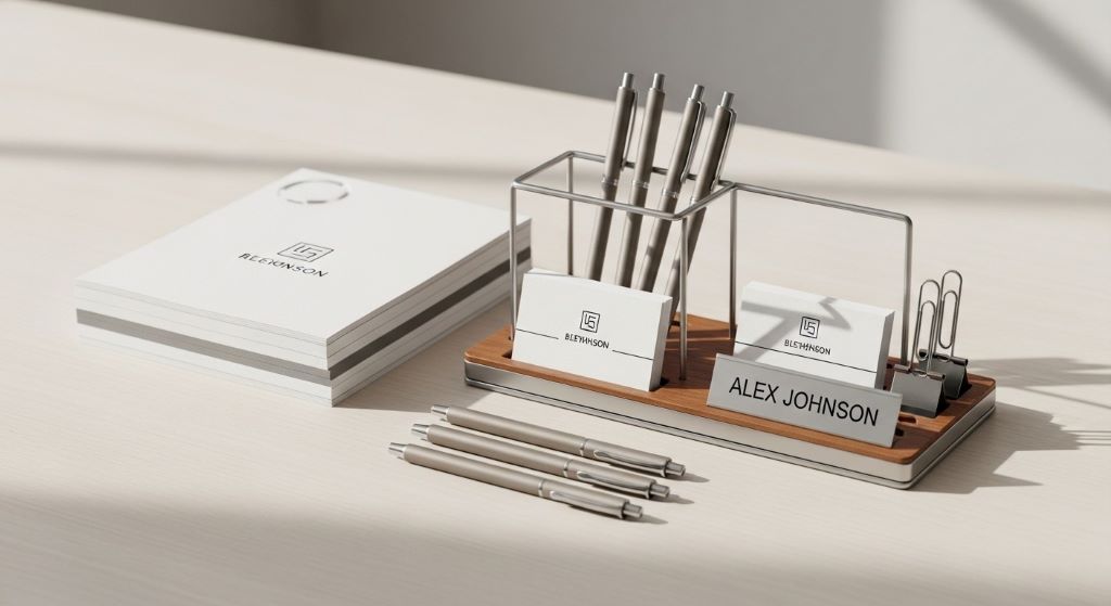 Personalized office stationery set with notepads, pens, and desk organizers on a clean workspace