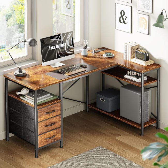 Huuger 47-inch L-shaped office desk with power outlets, 3 drawers, and shelves for gaming or home office, rustic brown