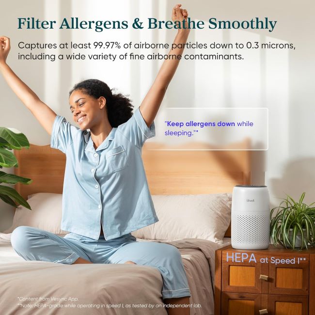 LEVOIT Core Mini-P Air Purifier – compact desktop purifier for bedroom or dorm, 3-in-1 HEPA filter with aroma pad for smoke, pet dander, and dust.
