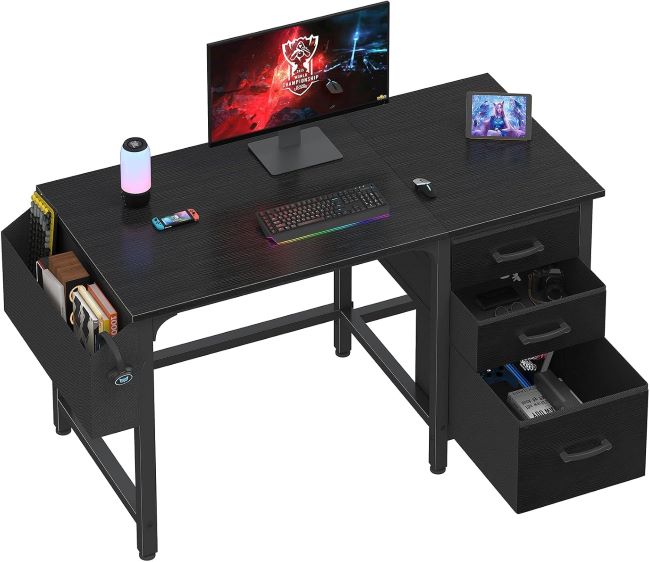 Lufeiya 47-inch computer desk with file drawer cabinet, reversible home office desk for small spaces, black