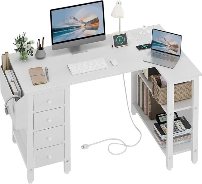 Lufeiya white 47-inch reversible L-shaped computer desk with drawers, storage shelves, and power outlet for home office