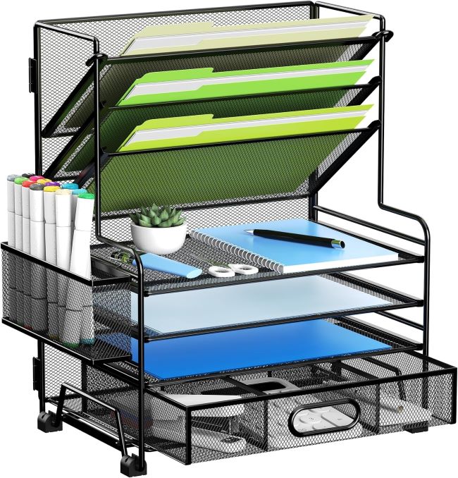 MINDEPOT 4-tier paper organizer with 3-pocket file holder, drawer, and pen holders for office and classroom organization, black