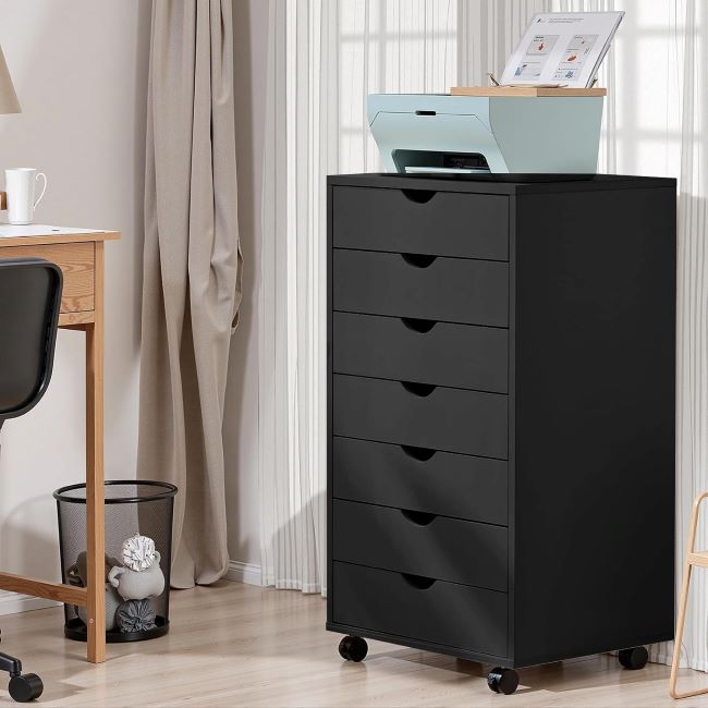 OLIXIS 7-drawer mobile file cabinet in black with wheels, vertical storage, under-desk organizer and printer stand