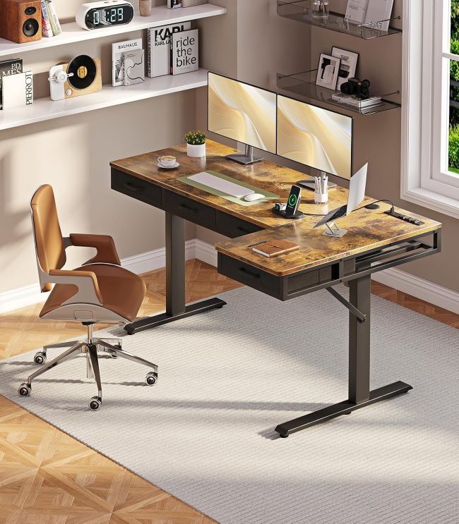 OffiGo 63-inch electric standing desk with drawers, height-adjustable L-shaped sit-stand workstation with power outlets