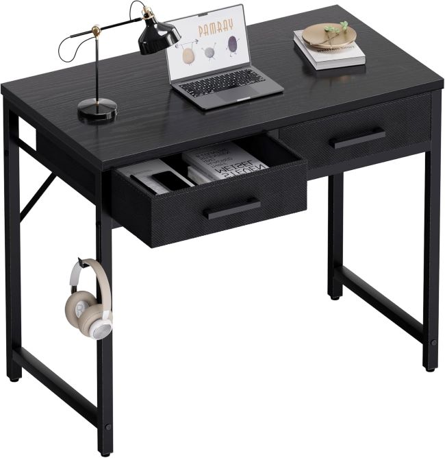 Pamray 32-inch small computer desk with 2 drawers for bedroom, study, or home office, compact black desk