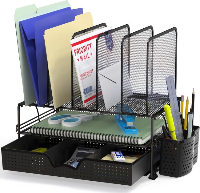 Simple Houseware Mesh Desk Organizer in black with sliding drawer, double tray, and 5 upright sections for office supplies