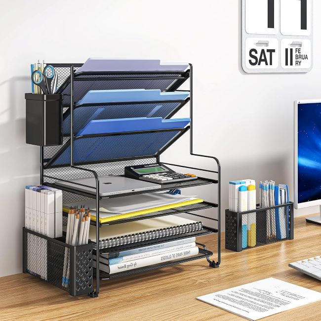 Simple Trending 7-tier desk file organizer in black with letter trays, pen holder, and metal hanging basket