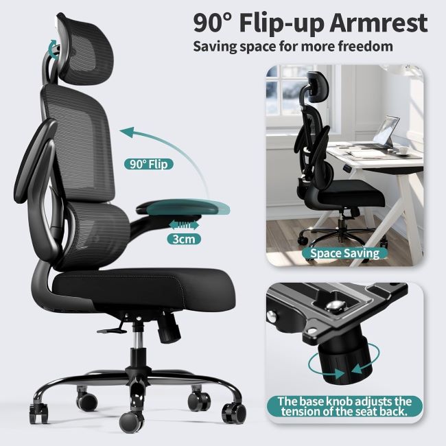 TRALT ergonomic high-back mesh office chair with wheels, supports 330lb, comfortable for gaming or long work hours, black