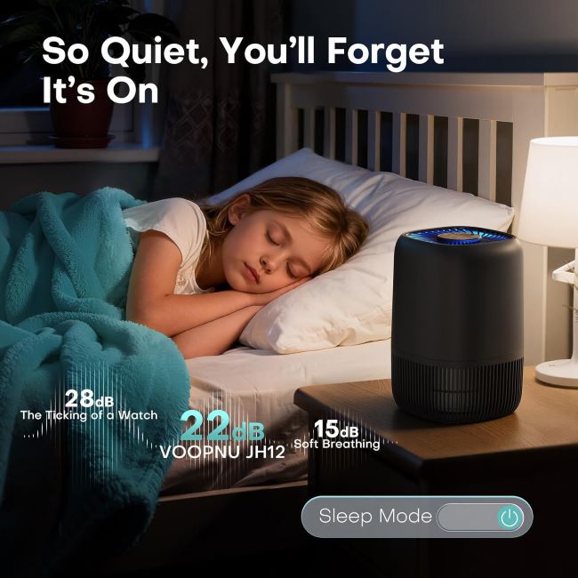 VOOPNU H13 HEPA Air Purifier – compact office or bedroom purifier, 3-speed quiet operation, 360° intake, removes smoke, pet dander, and pollen up to 1,076 sq ft.