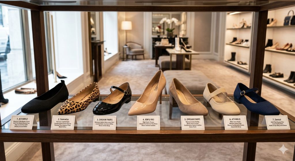 Best affordable women’s office shoes 2026 comparison featuring ballet flats, Mary Jane shoes, and comfortable work heels.
