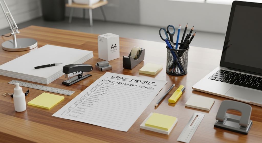 A checklist of office stationery supplies laid out on a wooden desk in a new office
