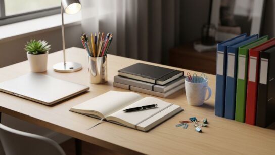 A neatly organized office desk with stationery supplies including pens, notebooks, and folders