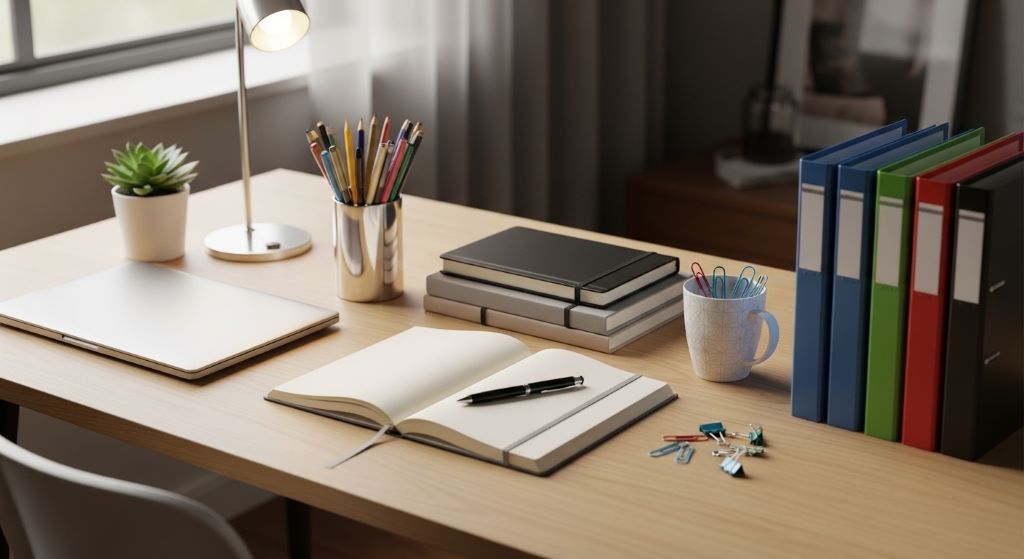 A neatly organized office desk with stationery supplies including pens, notebooks, and folders