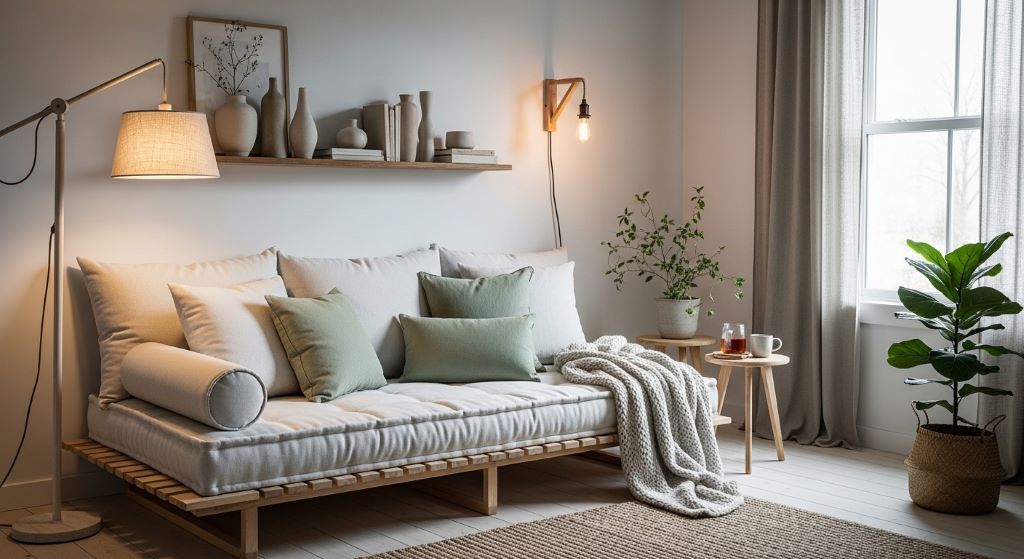 Minimalist home relaxation nook featuring natural wood textures, layered warm lighting, linen cushions, and calming sage green accents