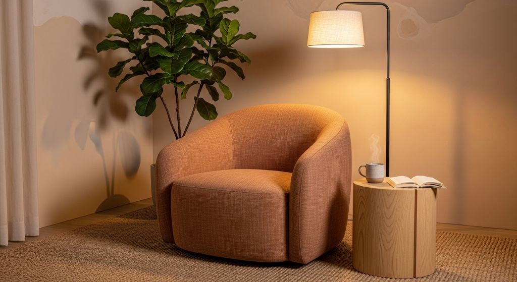 A cozy relaxation corner with a curved armchair, soft warm lighting, a potted plant, and neutral earthy tones inspired by neuroaesthetic design