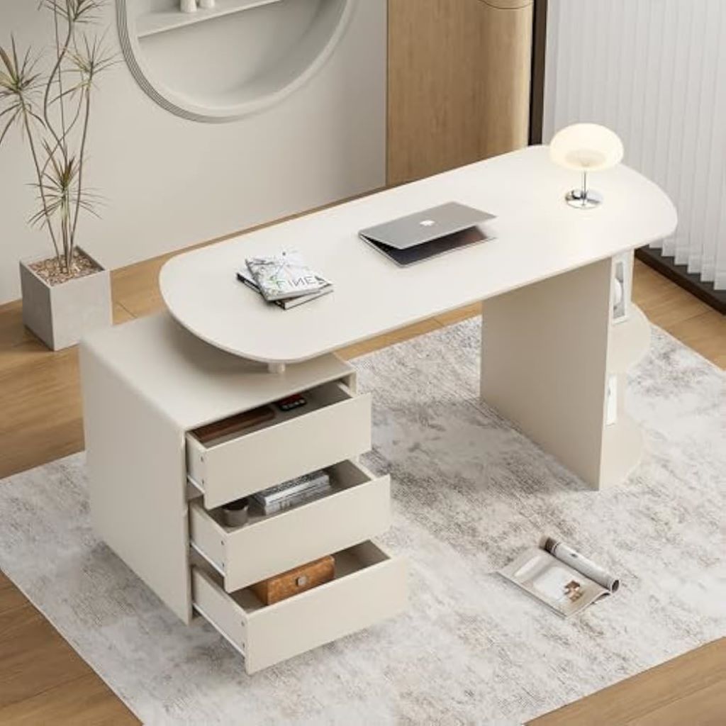 Comfortable office desk with storage drawers, chair, and tidy workspace