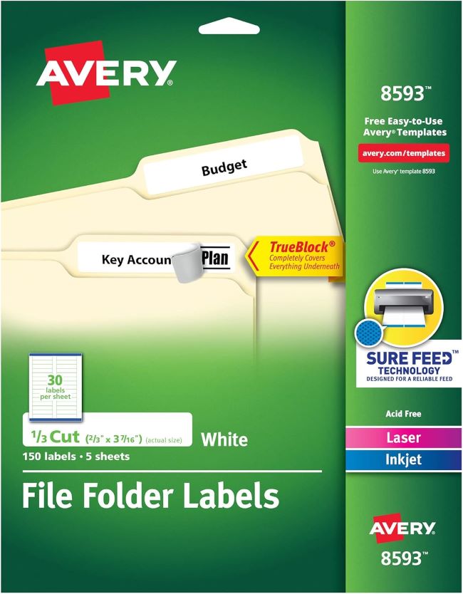 Avery permanent file folder labels with TrueBlock technology for clear and durable office organization
