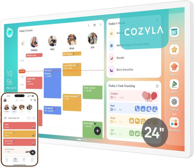 Cozyla Calendar Plus 2 24-inch touchscreen displaying events, meal plans, and daily tasks in a home setup