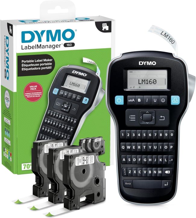 DYMO LabelManager 160 handheld label maker with QWERTY keyboard and one-touch keys for fast labeling tasks