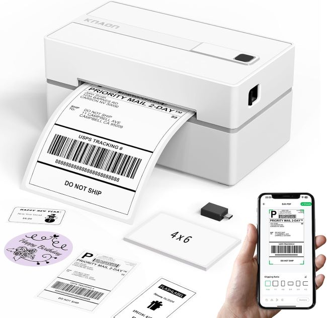 KNAON Bluetooth thermal shipping label printer compatible with multiple platforms for business shipping and e-commerce use