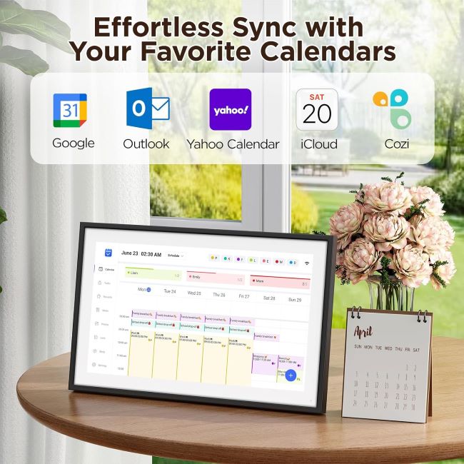 LOOFII 10.1-inch compact digital calendar on desk with touchscreen planner and family tasks view